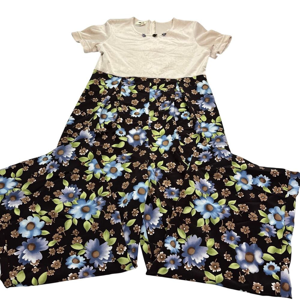 VTG 90s Flip Side Floral Velvet Jumpsuit, Girls Size 16, Made in USA